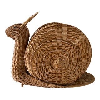 Authentic Mid-Century Vintage Wicker Snail Magazine Holder Basket For Sale