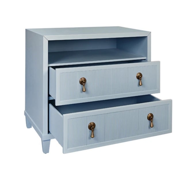 Worlds Away Matthew Izzo Home Corine Light Blue Matte Lacquer Fluted Front Two Drawer Side Table With Brass Drawer Pulls and Open Shelf For Sale - Image 4 of 6