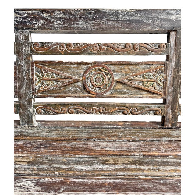 Indian Vintage Washed Teak Carved Outdoor / Indoor Bench For Sale - Image 3 of 9