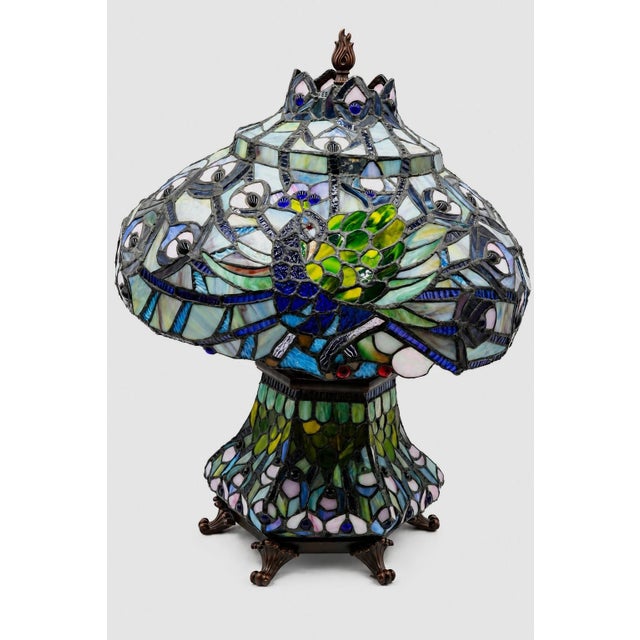 Age: Approx: 30 Years Old Details: Paw Feet Quality Leaded Glass Shade & Base Flame Finial 3 Bulb Light Peacock Motif Un-...
