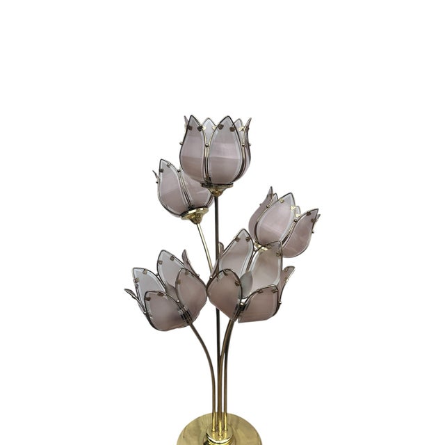 Brass Pair of Italian Mid Century Glass and Brass Lotus Flower Table Lamps For Sale - Image 8 of 12