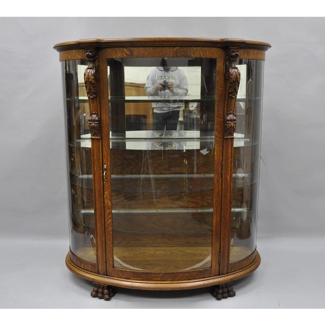 Cowperthwait Tiger Oak Triple Bow Front Glass China Cabinet Curio