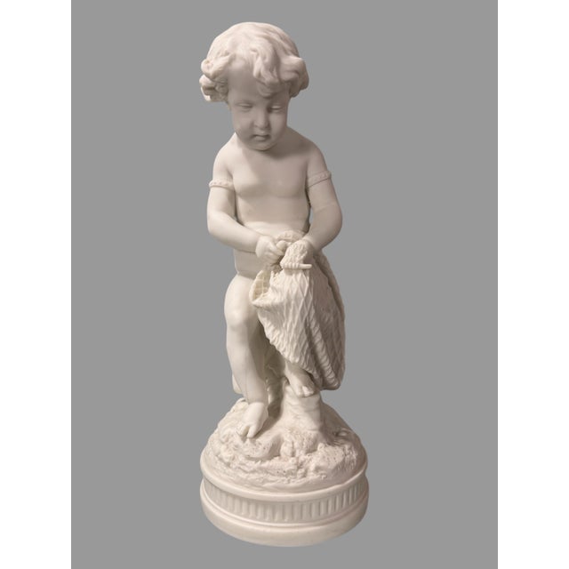 Ceramic Antique Victorian 13.25" Art Nouveau Figural Parian Statue of a Cherub With Net For Sale - Image 7 of 7