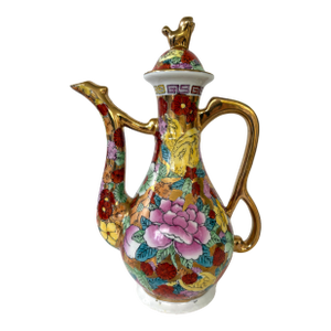 1970s Hand-Painted Chinese Famille Rose Porcelain Ewer With Gilt Handle and Floral Motif