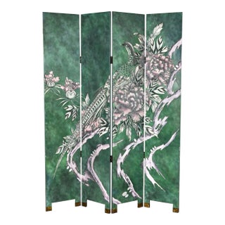 Late 20th Century Folding Screen Modern Asian Chinoiserie Extra Tall Green Four Panel Hand Carved & Painted For Sale