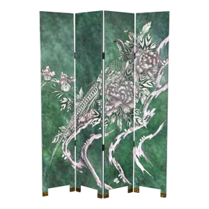 Late 20th Century Folding Screen Modern Asian Chinoiserie Extra Tall Green Four Panel Hand Carved & Painted
