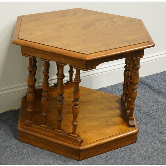 ETHAN ALLEN Heirloom Nutmeg Maple Hexagonal Accent End Table 10-8645P Has the Formica top. 20" High 27.75" Wide 24" Deep...