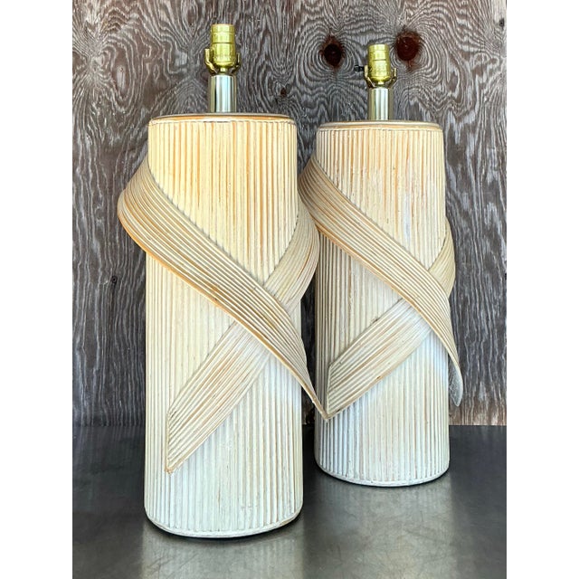 Coastal Vintage Coastal Washed Pencil Reed Lamps - a Pair For Sale - Image 3 of 9