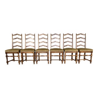Vintage French Ladder Back Oak Dining Chairs - Set of 6 For Sale