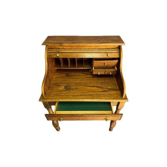 Vintage C .1970's Solid Oak Bradford Style Mini Roll-Top Desk For Sale - Image 10 of 11
