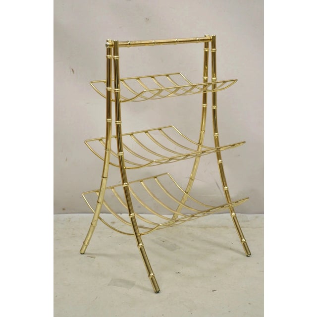Vintage Hollywood Regency Gold Metal Faux Bamboo 3 Tier Magazine Rack Stand For Sale - Image 10 of 10
