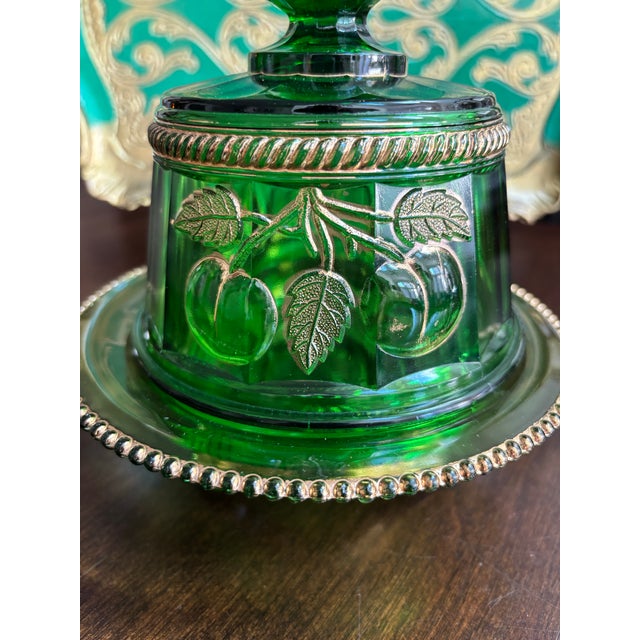 Gorgeous Greenwood Glass Co. Green Glass EAPG Gilt Trim Butter/cheese Measures approximately 7” tall and 7” in diameter....