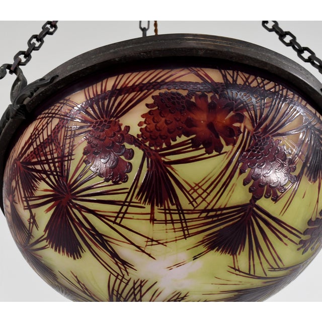 Metal French Art Deco Pendant Light by Galle - 1925 Cameo Gallé Chandelier France For Sale - Image 7 of 15