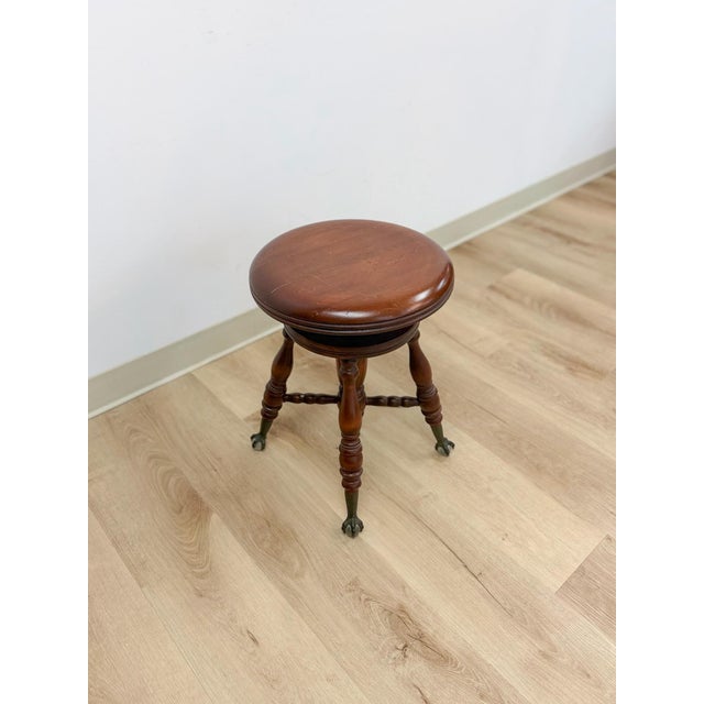 Vintage Victorian Adjustable Piano Stool Brass Claw Ball Feet Turned Wood For Sale - Image 4 of 10