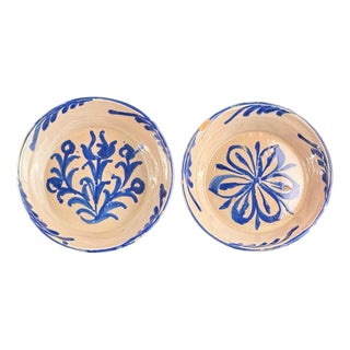 Blue and White Glazed Fajalauza Bowls with Traditional Flowers, Set of 2 For Sale