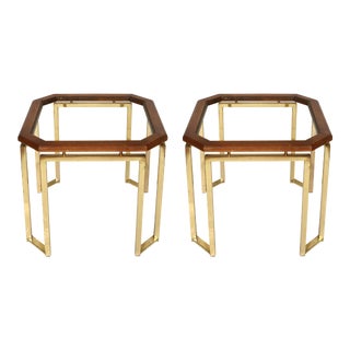 James Mont Style Brass and Wood Side Tables - A Pair For Sale
