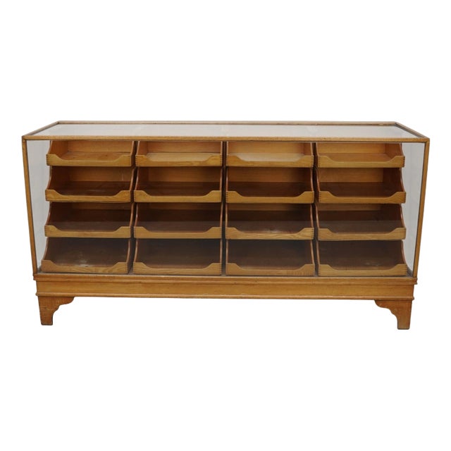 Antique English Beech Glass Shop Counter Cabinet, 1920-1930s For Sale