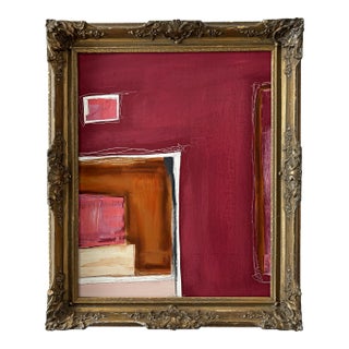 “Fervor” Red Abstract Art in Antique Frame, Transitional Living Room Art by JTS For Sale
