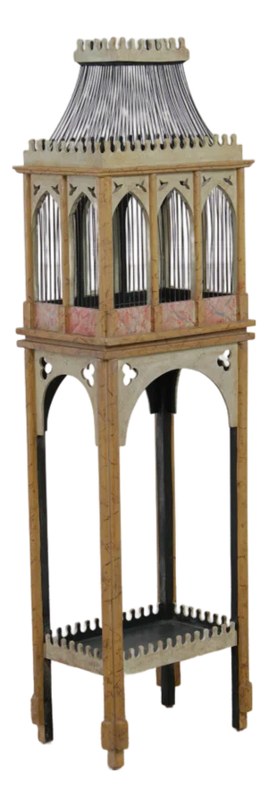 Neo-Gothic Painted Wood & Wire Birdcage on Stand