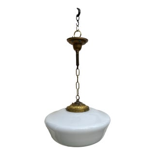 Vintage 18" School House Globe With Vintage Brass Hanging Fixture For Sale