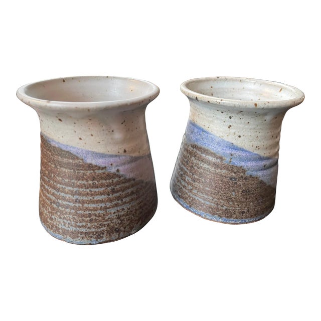 Vintage Hand-Made Hand-Painted Blue Maine Pottery Vessels - a Pair For Sale