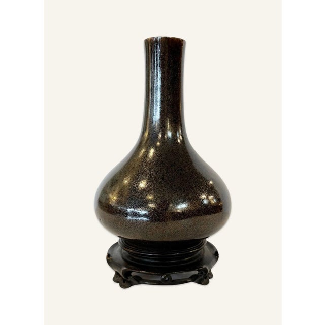 Antique Chinese Yongzheng Dynasty (1678-1735) vase with eel skin glaze. Deep brown with grey metallic flecks.