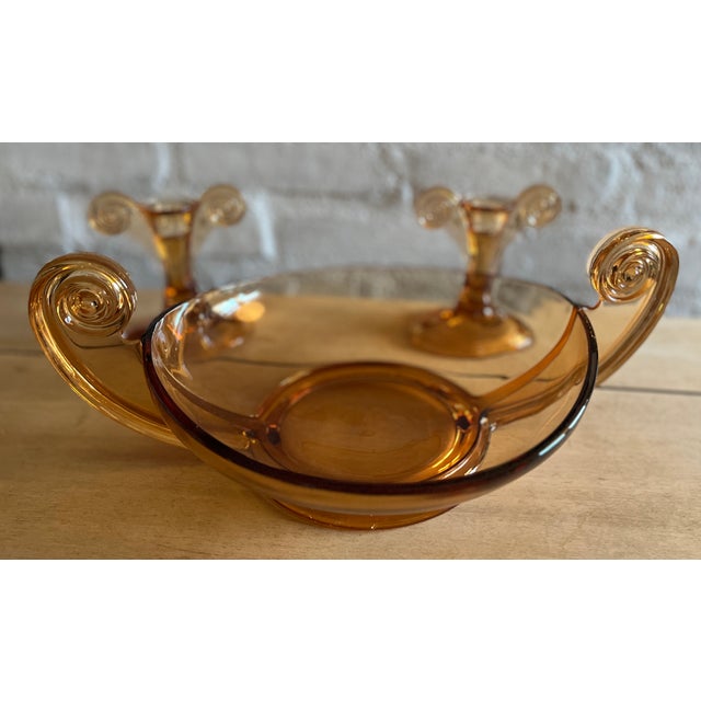 Glass Fostoria Art Deco Pink Scroll Console Bowl With Pair of Candlestick Holders - 3 Piece Antique Set Glass Set Circa 1920-30 For Sale - Image 7 of 12