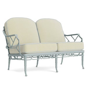 Brown Jordan Calcutta Loveseat in Harbor with Peal Green Stripe and Artic Welt Cushions For Sale