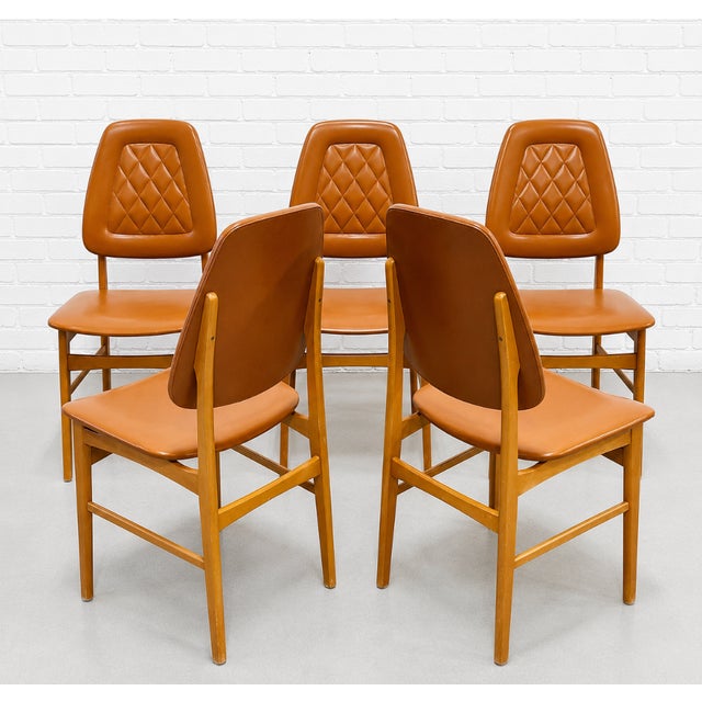 Set of 5 - Mid Century Modern Scandinavian Dining Chairs | Diamond Stitched Upholstery, C. 1960's For Sale - Image 14 of 14