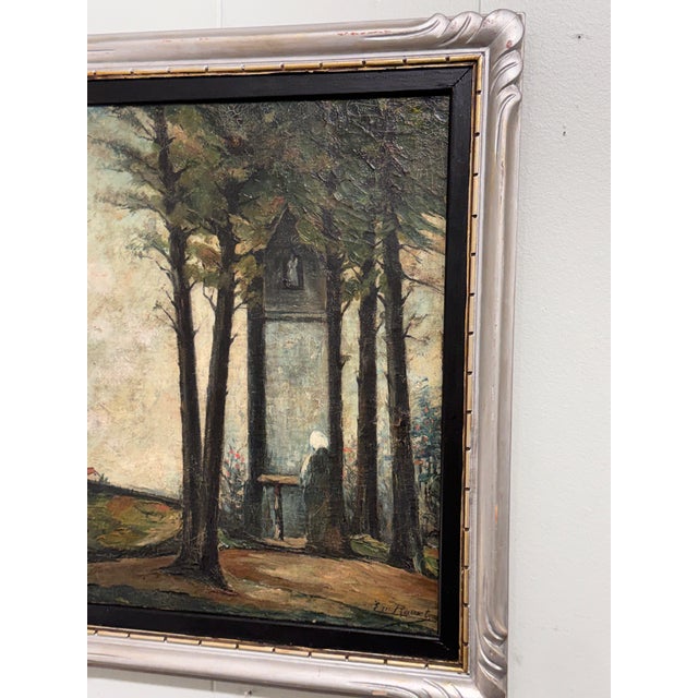 Wood 19th Century Belgian Flemish Oil Woman by the Shrine For Sale - Image 7 of 12