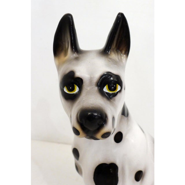 Large Ceramic Sculpture of a Seated Black and White Dog, 1970s For Sale - Image 3 of 13