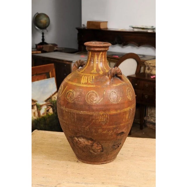 Brown 17th Century Italian Terracotta Olive Oil Jar with Yellow Glazed Spiraling Décor For Sale - Image 8 of 13