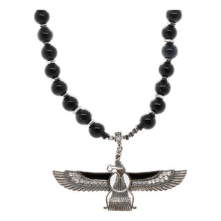 Guardian Angel Faravahar Pendant Black Tourmaline Beaded Necklace For Sale