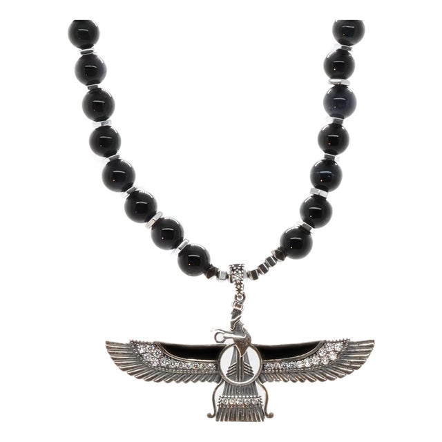 Guardian Angel Faravahar Pendant Black Tourmaline Beaded Necklace For Sale