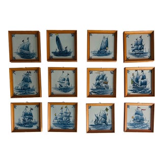 Vintage Framed Delft Tiles With Handpainted Ships - Set of 12 For Sale