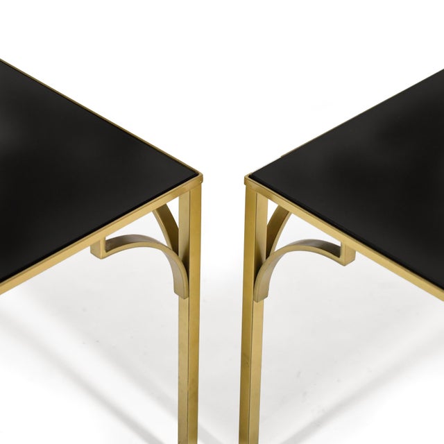 Pair of Brass Side Tables with Black Glass Tops For Sale - Image 4 of 8