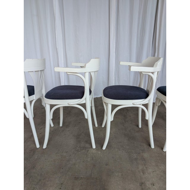 Wood Vintage White Bentwood Dining Chairs with Blue Fabric Seats, 1970s, Set of 4 For Sale - Image 7 of 18