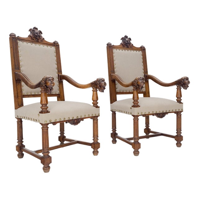 Pair Antique Heavily Carved Walnut Cherub North Wind Faces Arm Chairs New Uphols For Sale