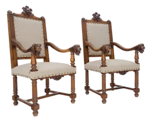 Pair Antique Heavily Carved Walnut Cherub North Wind Faces Arm Chairs New Uphols