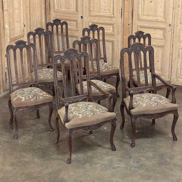 French Country Set of 8 Antique Country French Liègeois Dining Chairs With Needlepoint Tapestry Includes 2 Armchairs For Sale - Image 3 of 18