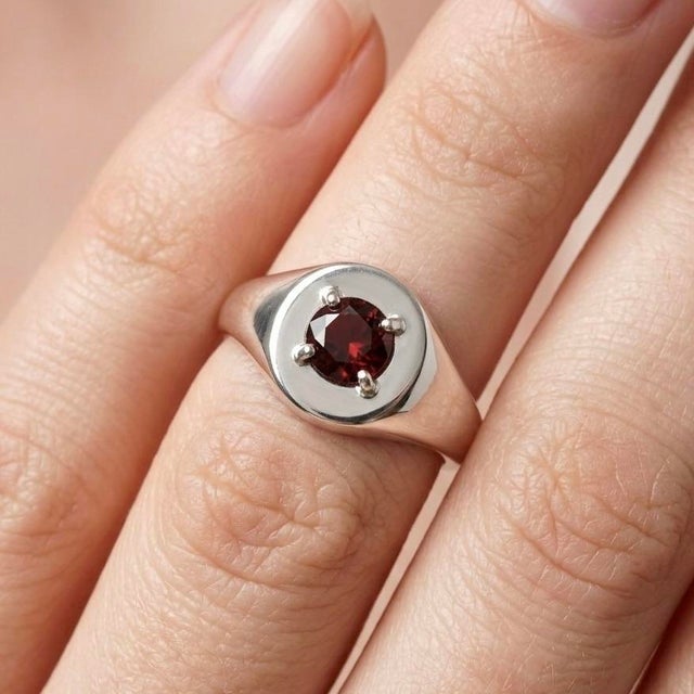 This bold and sophisticated ring features a rich Garnet gemstone, celebrated for its deep red hue and timeless elegance....