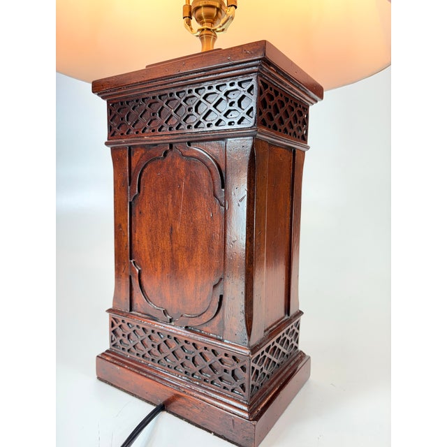 Chinese Vintage Wildwood Lamp Co., Chinese Chippendale Style Fretwork Wooden Tea Canister C. 1980' Table Lamps. For Sale - Image 3 of 12