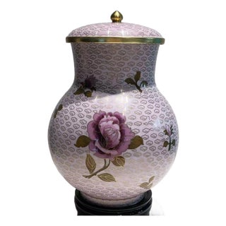 Vintage Cloisonné Enamel Pale Pink Rose Lidded Ginger Jar For Sale