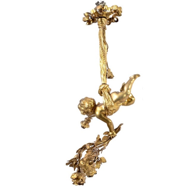 Early 20th Century Louis XVI Style Gilt Bronze Cherub Three Light Pendant Lamp For Sale - Image 4 of 5
