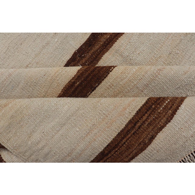 Turkish Vintage Kilim Rug Ivory Beige With Brown Stripes Wool Flatweave For Sale - Image 9 of 10