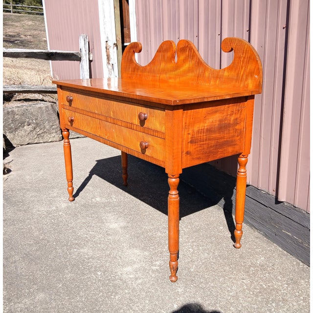 American Antique Tiger Maple Dressing Table With 2 Drawers 1934 For Sale - Image 3 of 15