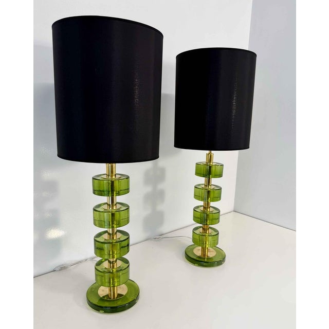 Italian Green Emerald Murano Glass Discs and Brass Lamps with Black Lampshades, 2000s, Set of 2 For Sale - Image 12 of 15