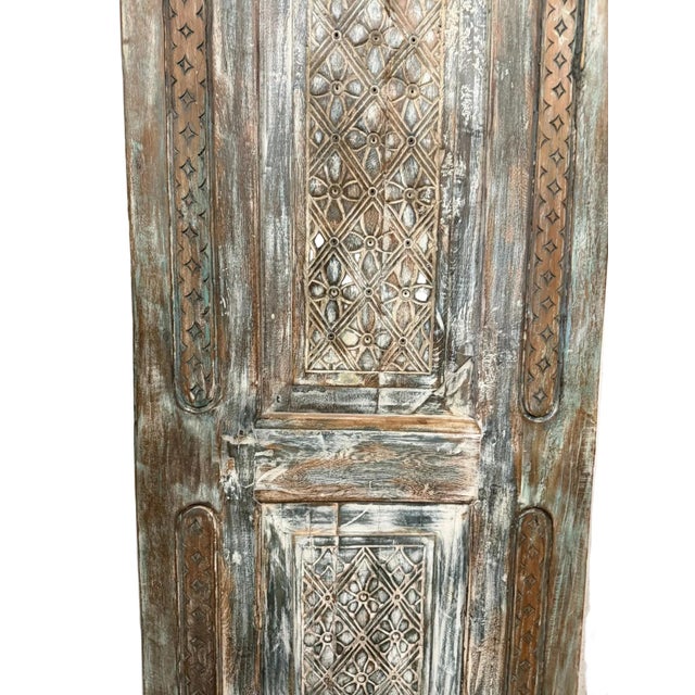 Vintage Carved Wooden Door | Rustic Farmhouse Hinged Barn Door Panel 96x30 For Sale - Image 4 of 6