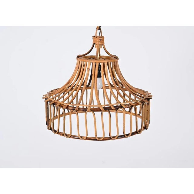 Wood Mid-Century Italian French Riviera Round Bamboo and Rattan Pendant Light, 1960s For Sale - Image 7 of 13