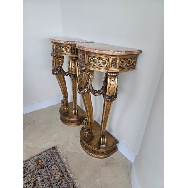 French Pair of French Louis 16th Style Giltwood Rouge Marble Top Corner Tables - A Pair For Sale - Image 3 of 14